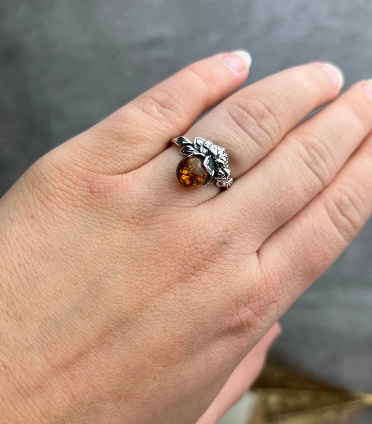 Cognac Baltic Amber & Sterling Silver Modern Ring