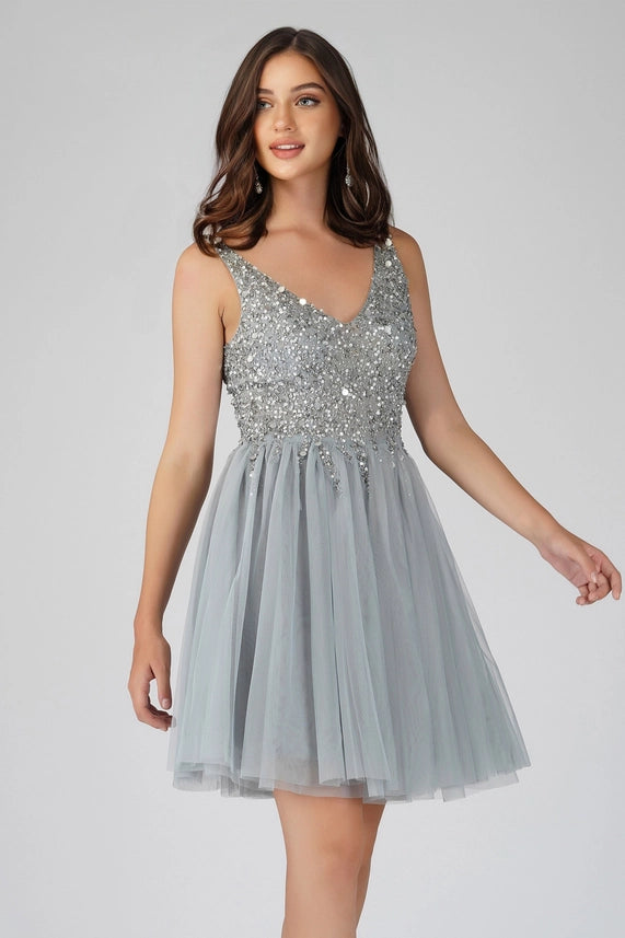 Symphony Sequin Tulle Mini Dress – Silver Grey