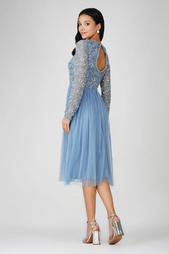 Mandarin Embellished Tulle Midi Dress – Powder Blue