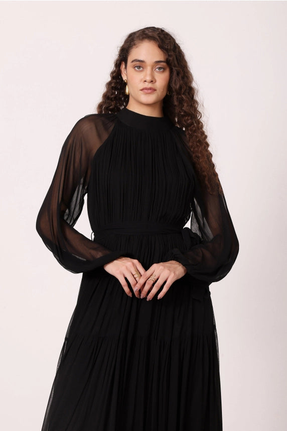 Violetta Pleated Chiffon Maxi Dress – Black