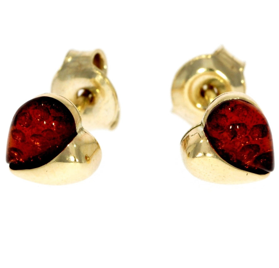 Cognac Baltic Amber & 9ct Gold Heart Stud Earrings