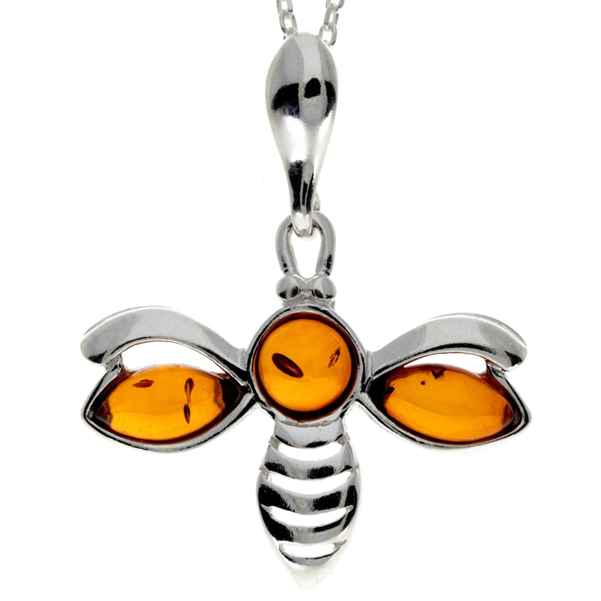 Cognac Baltic Amber & Sterling Silver Bee Pendant