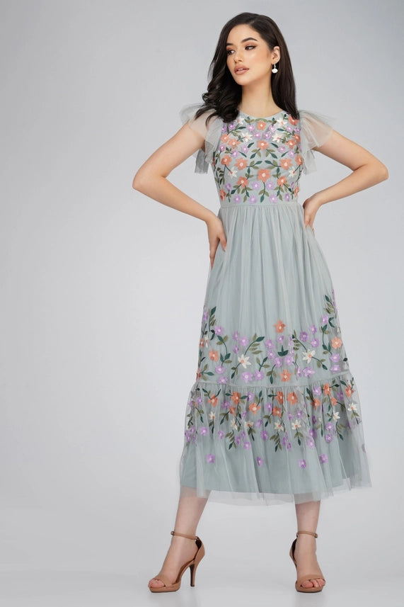 Iris Floral Embroidered Midaxi Dress – Dusty Blue
