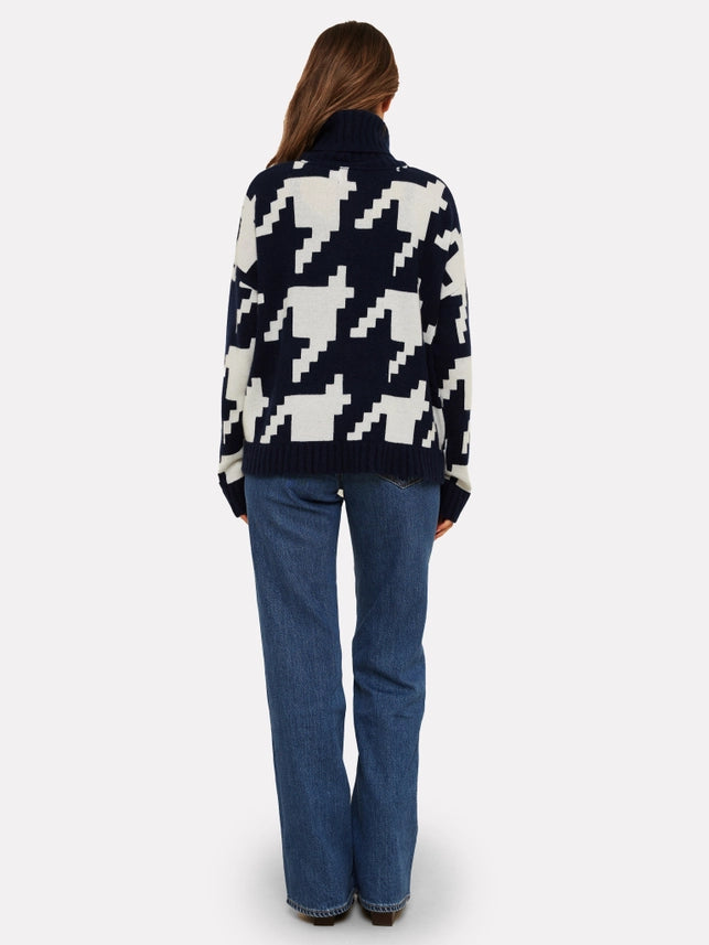 Houndstooth Cashmere Roll-Neck Jumper – Navy & Ivory