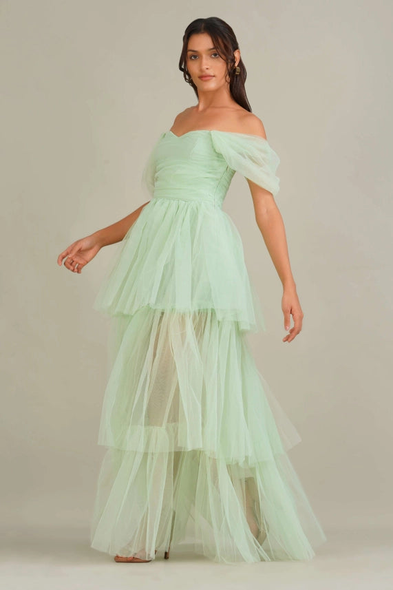 Sydney Off-Shoulder Tulle Maxi Dress – Sage Green