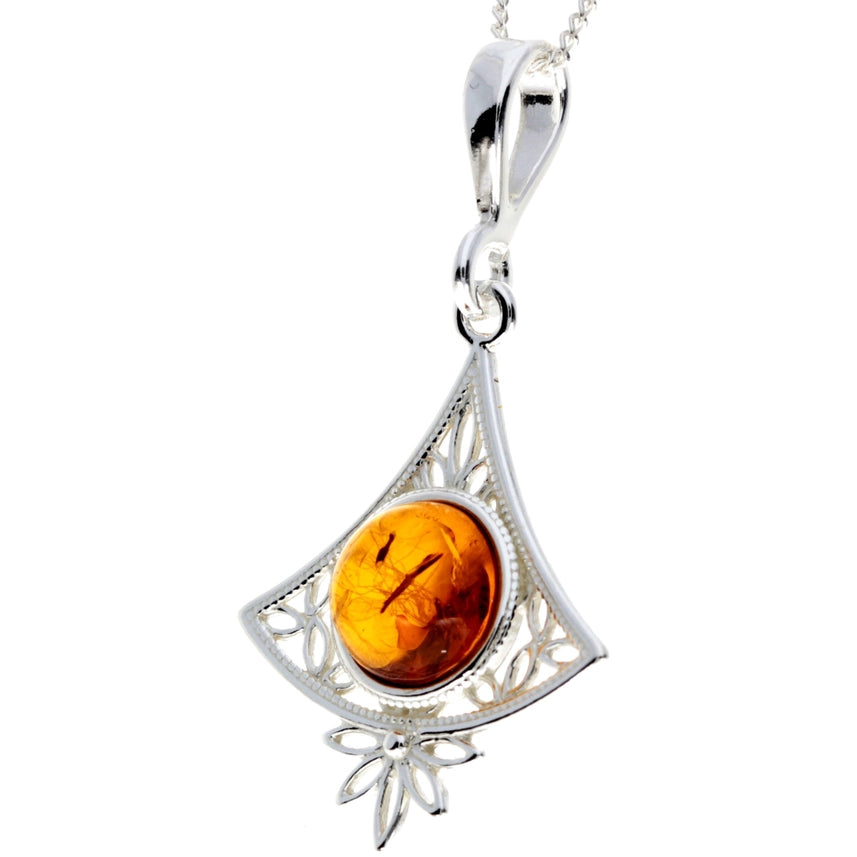 Cognac Baltic Amber & Sterling Silver Round Pendant