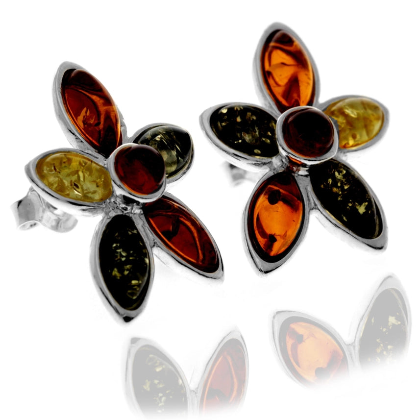 Multicoloured Baltic Amber & Sterling Silver Multi-Stone Stud Earrings