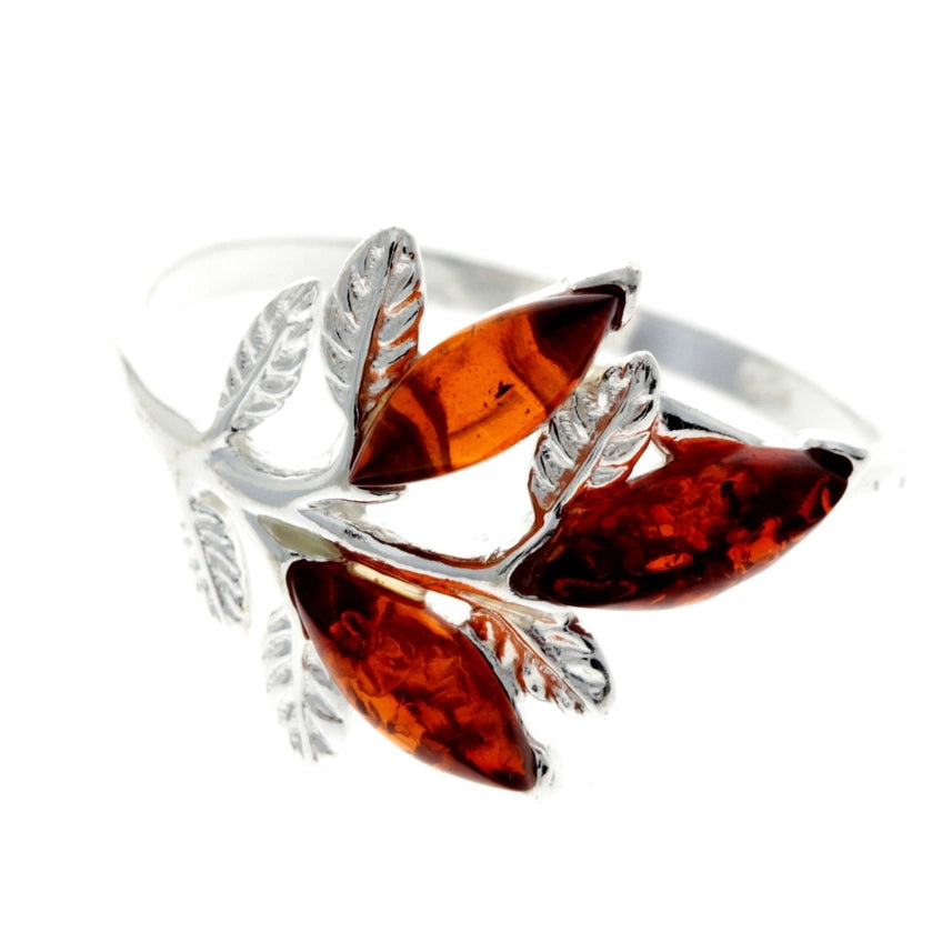 Cognac Baltic Amber & Sterling Silver Three-Stone Ring