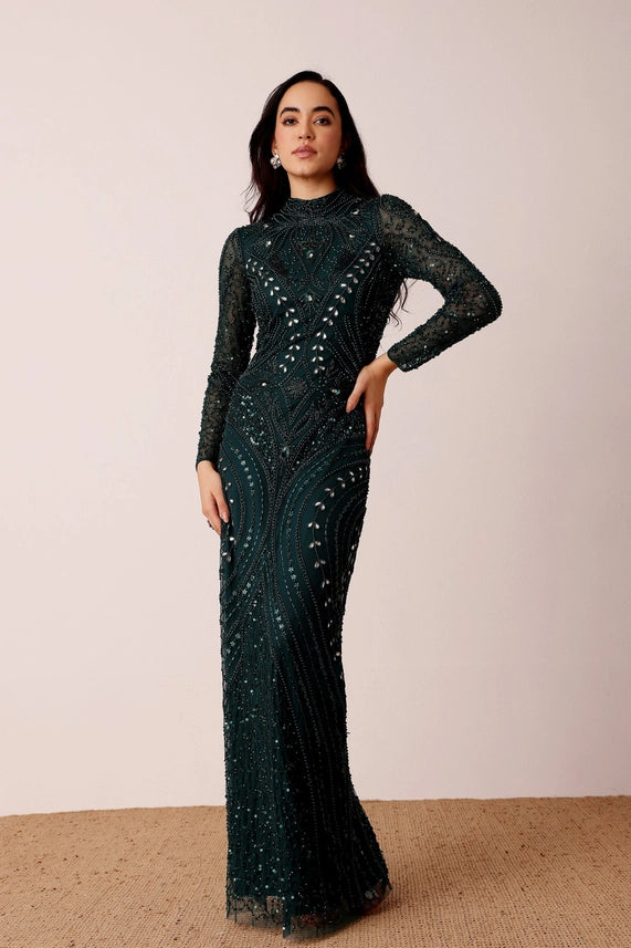 Lotus Embellished Maxi Dress – Emerald