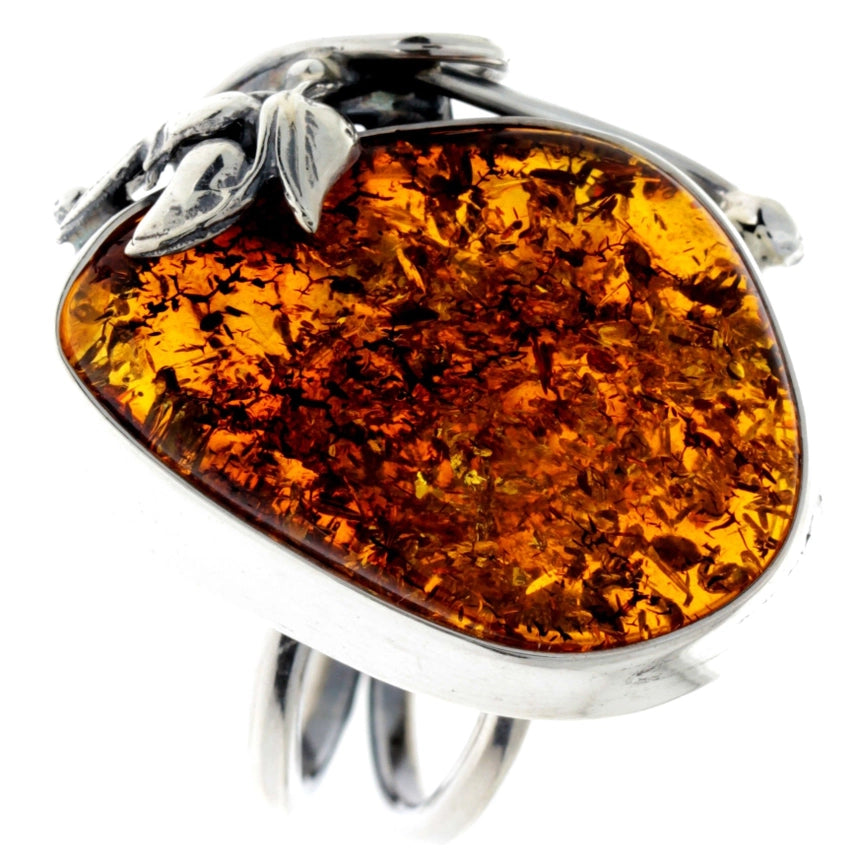 Cognac Baltic Amber & Sterling Silver Botanical Statement Ring