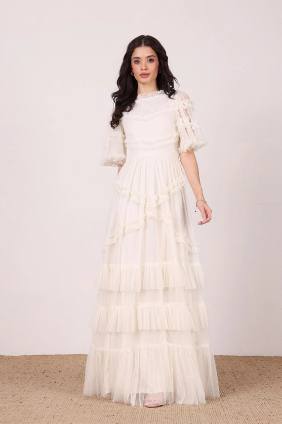 Florine Ruffle Tulle Maxi Dress – Soft Cream