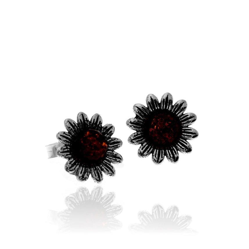 Cognac Baltic Amber & Sterling Silver Sunflower Stud Earrings