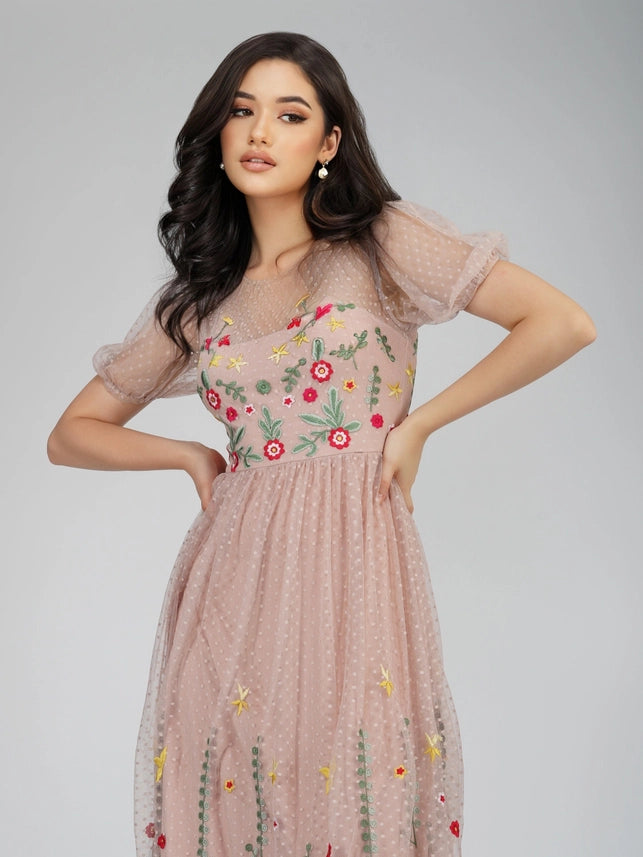 Azalea Floral Embroidered Midaxi Dress – Dusty Pink