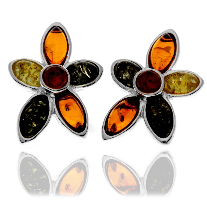 Multicoloured Baltic Amber & Sterling Silver Multi-Stone Stud Earrings