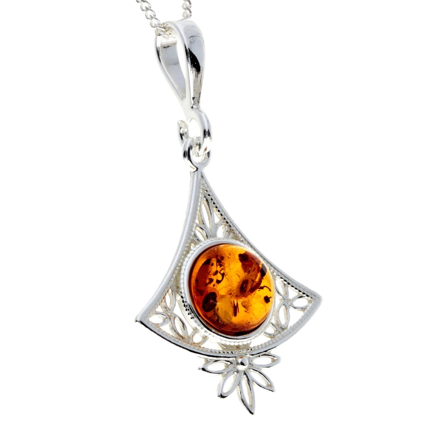 Cognac Baltic Amber & Sterling Silver Round Pendant