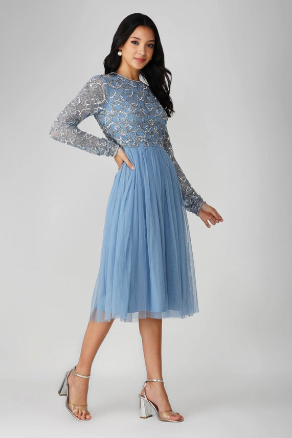 Mandarin Embellished Tulle Midi Dress – Powder Blue