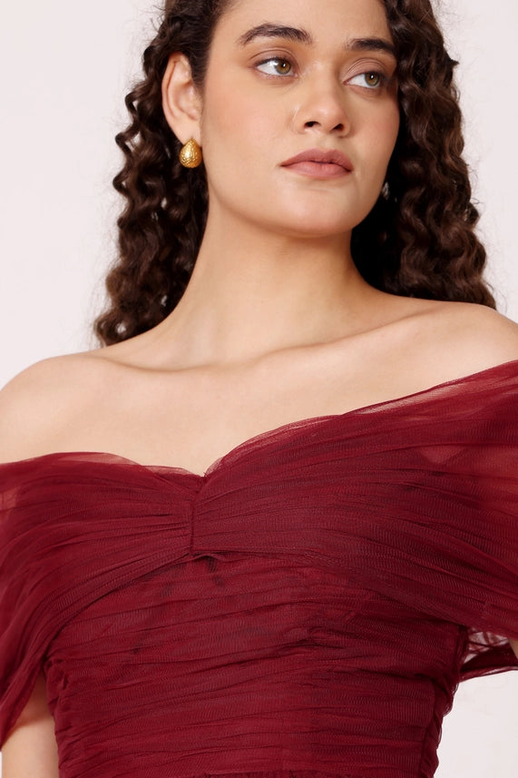 Gillian Off-Shoulder Tulle Maxi Dress – Wine