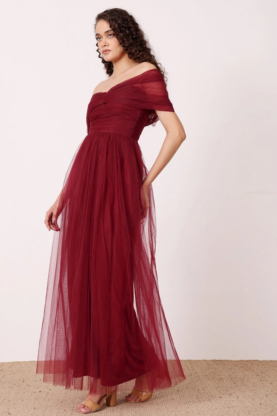 Gillian Off-Shoulder Tulle Maxi Dress – Wine