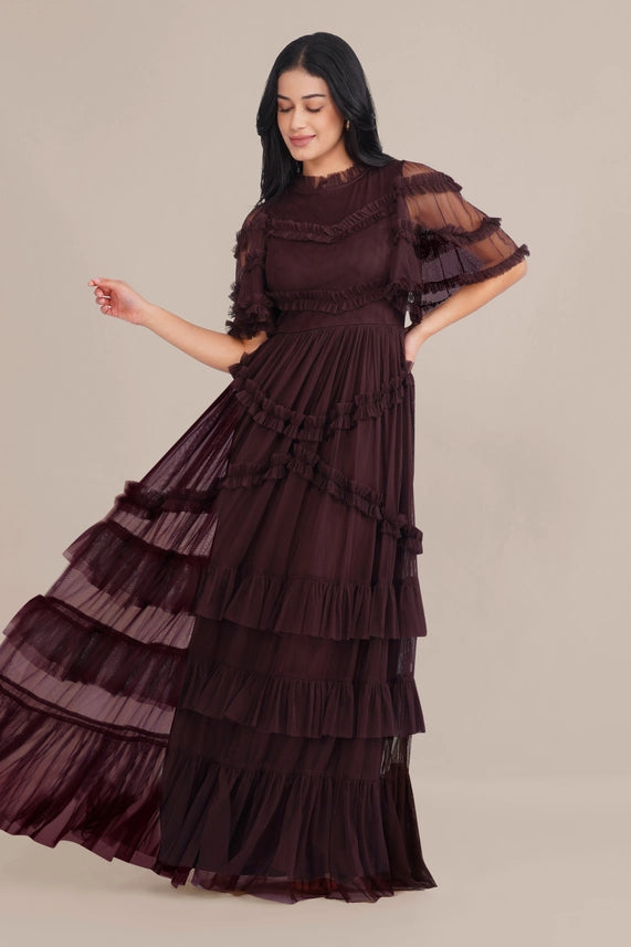 Florine Ruffle Tulle Maxi Dress – Chocolate Plum
