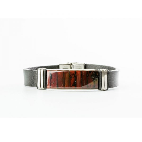 Men’s Natural Baltic Amber Mosaic Leather Bracelet – Cherry Red