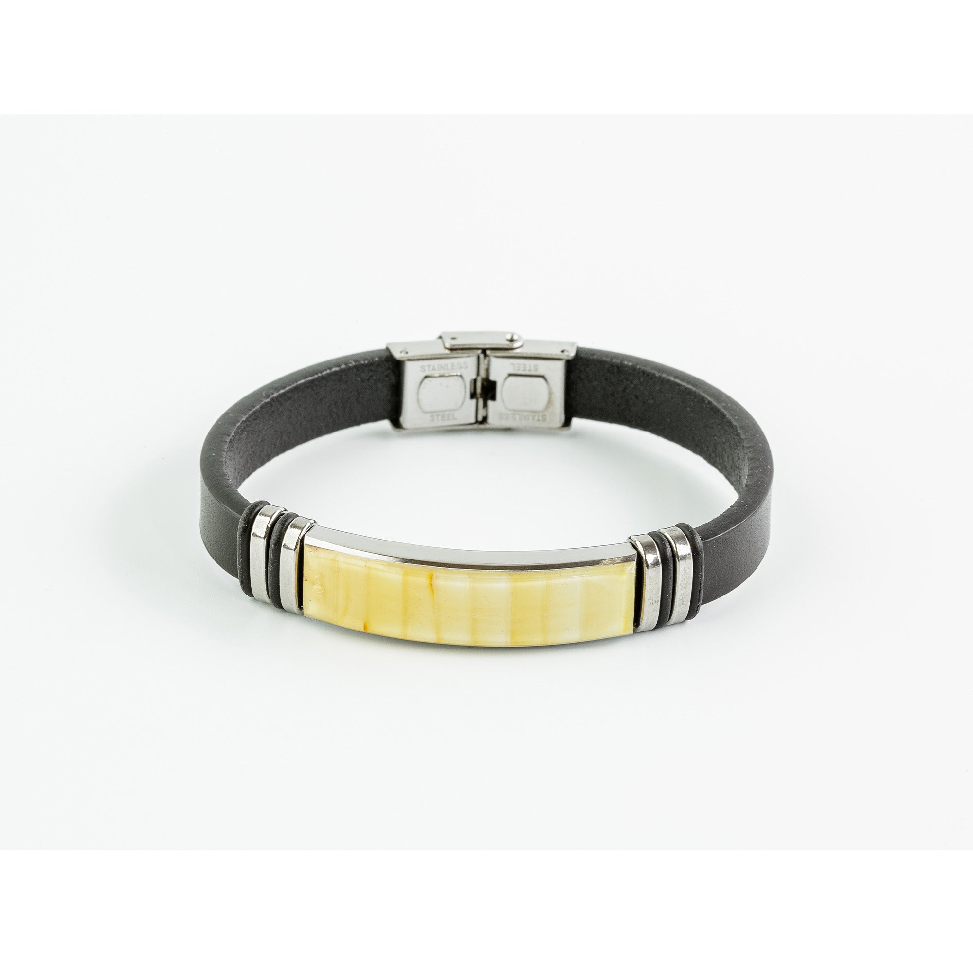 Men’s Natural Baltic Amber Mosaic Leather Bracelet – Milky Amber