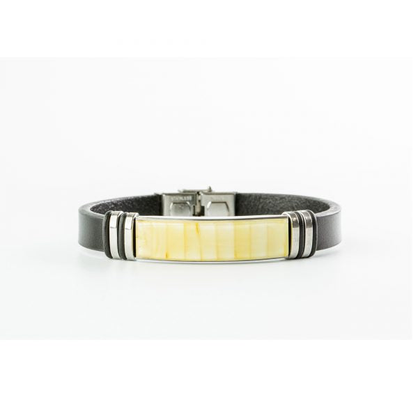 Men’s Natural Baltic Amber Mosaic Leather Bracelet – Milky Amber