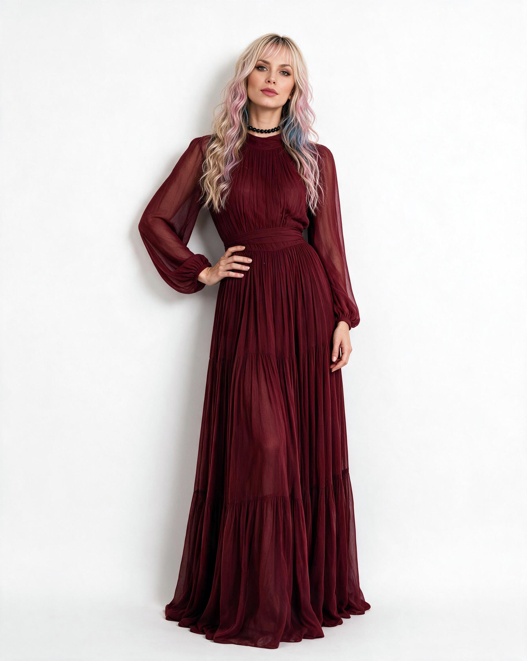 Violetta Pleated Chiffon Maxi Dress – Burgundy