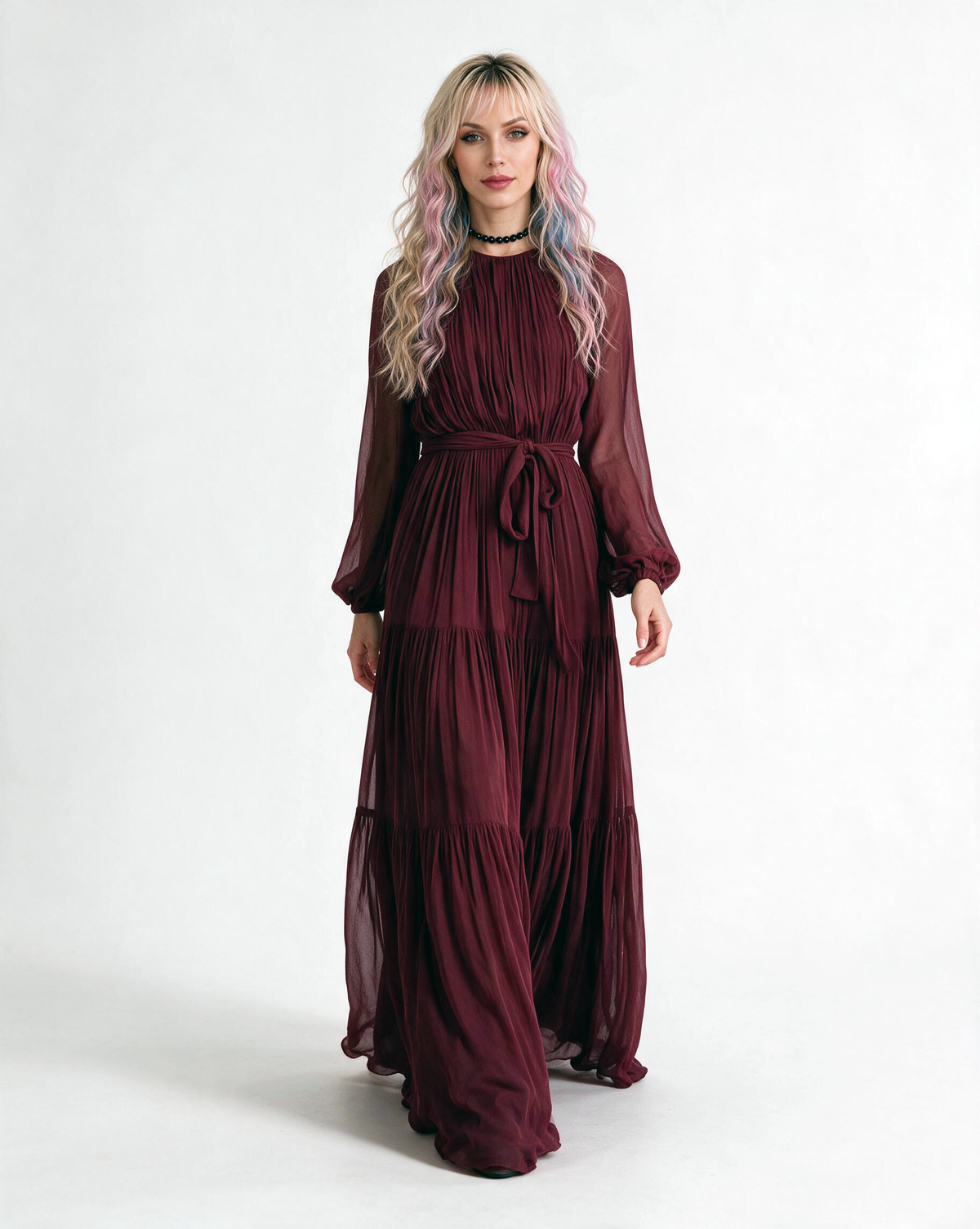 Violetta Pleated Chiffon Maxi Dress – Burgundy