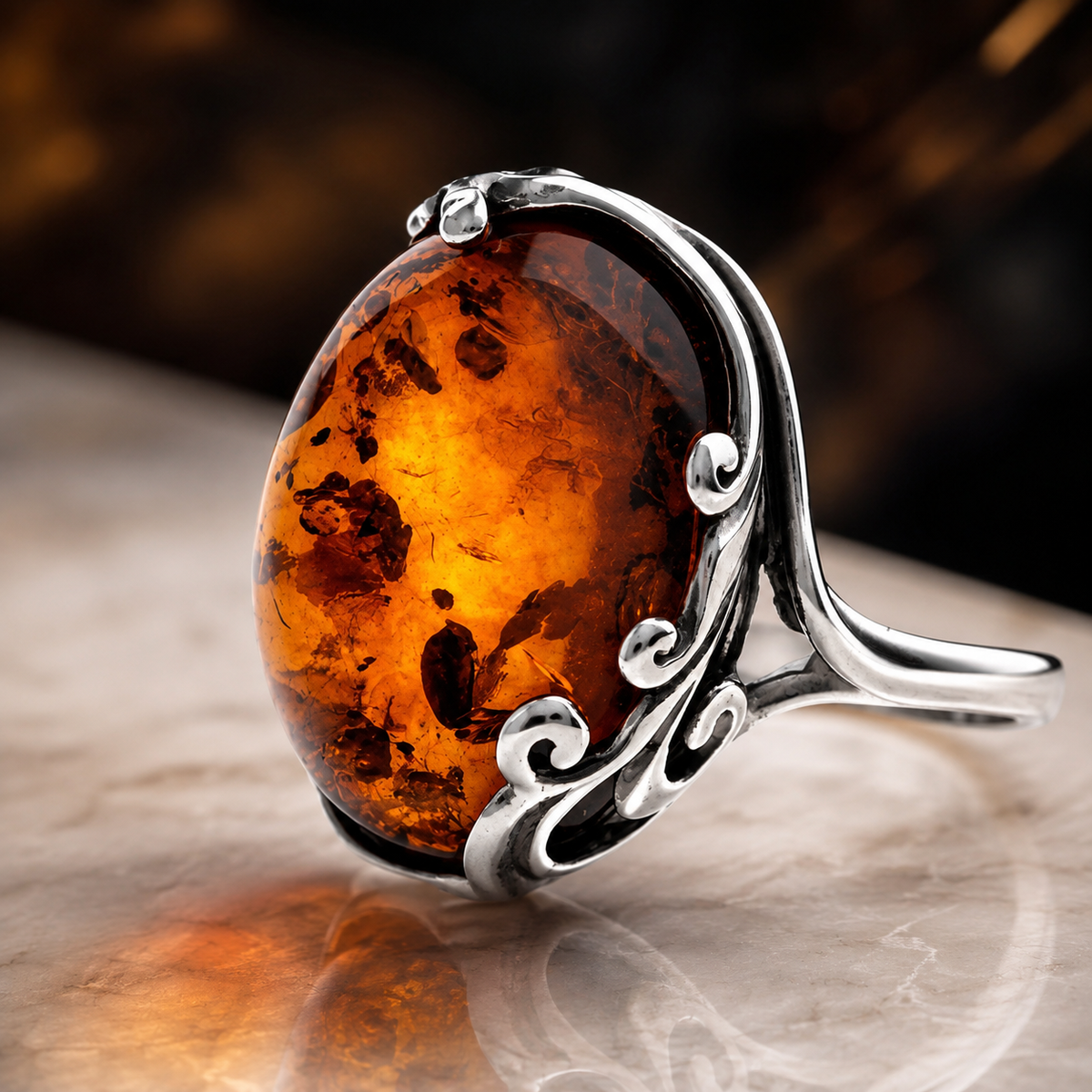 Cognac Baltic Amber & Sterling Silver Art Nouveau Oval Ring