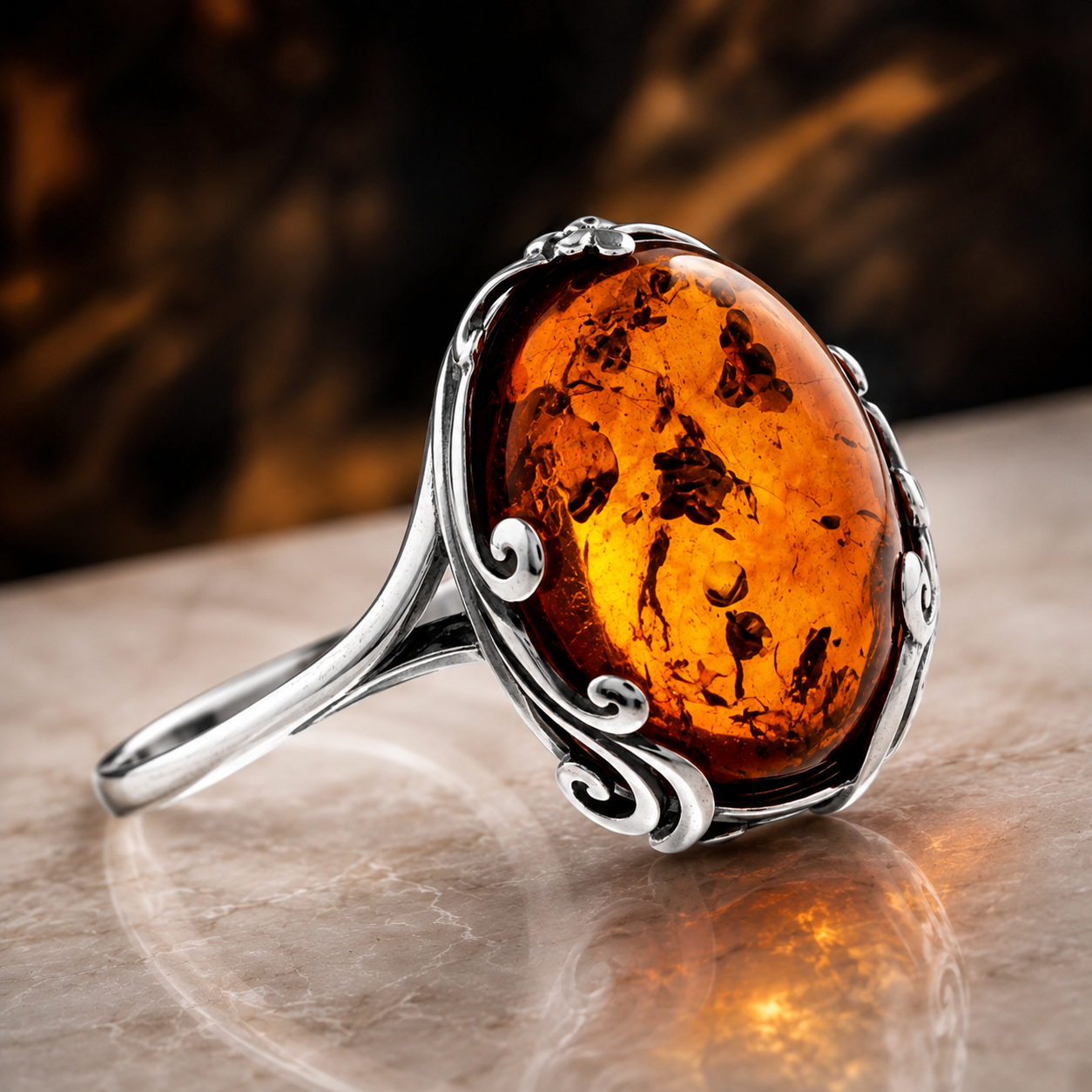 Cognac Baltic Amber & Sterling Silver Art Nouveau Oval Ring