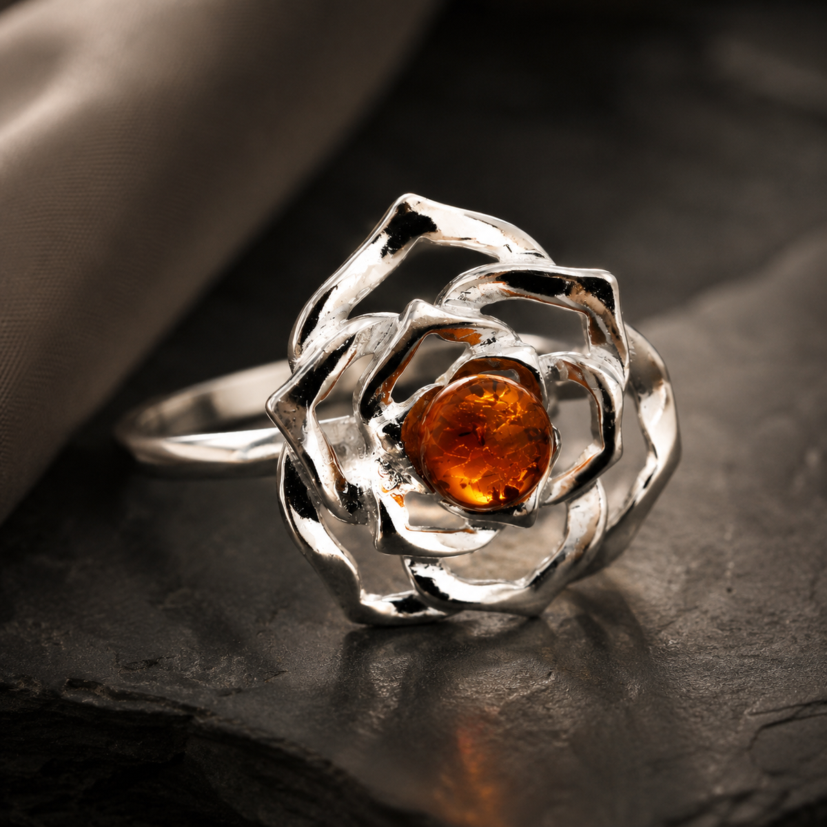 Cognac Baltic Amber & Sterling Silver Rose Ring
