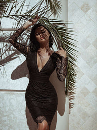 Black Lace Long Sleeve Bodycon Mini Dress