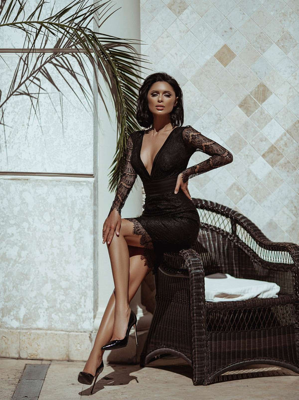 Black Lace Long Sleeve Bodycon Mini Dress