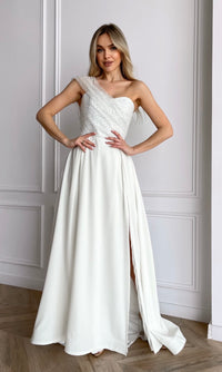 Elegant ivory wedding gown with one-shoulder neckline