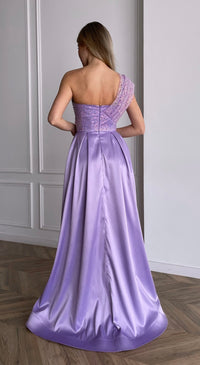 Lavender maxi prom gown with pleated satin skirt