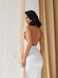 Open-back white satin midi dress for occasionwear