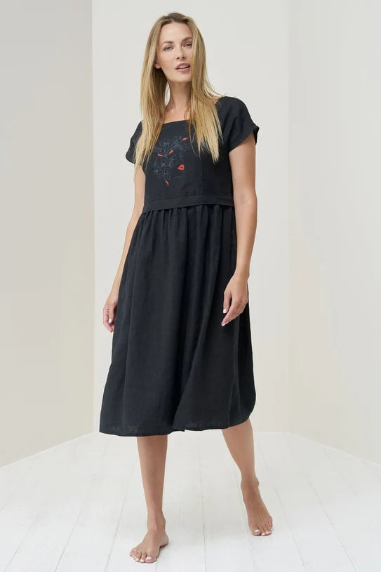 The Molly Printed Linen Midi Dress – Black