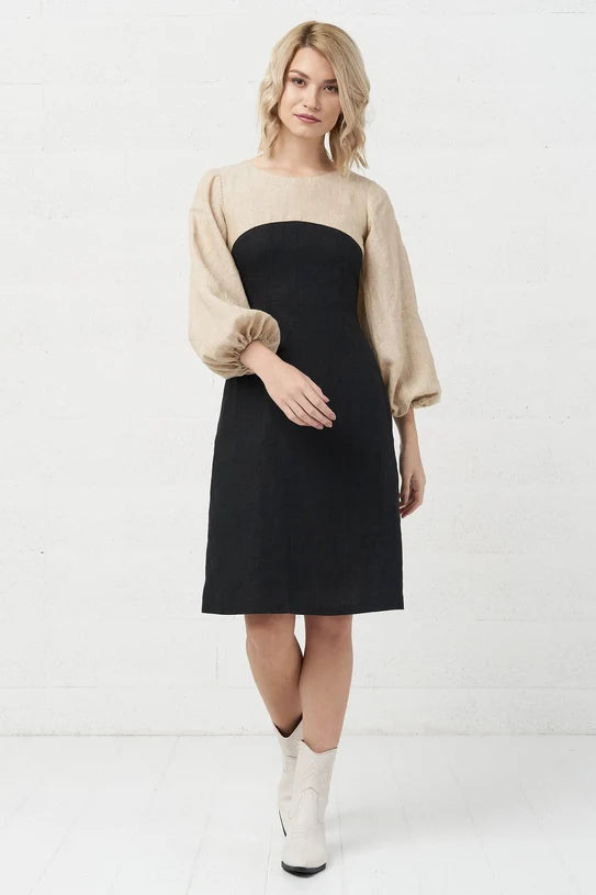 The Malvina Colourblock Linen Dress – Black & Sand