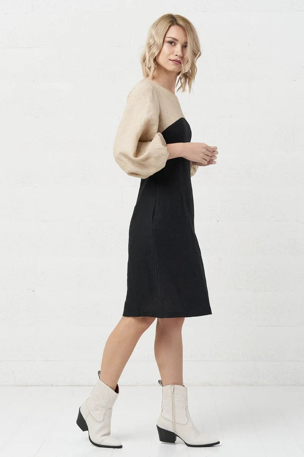 The Malvina Colourblock Linen Dress – Black & Sand