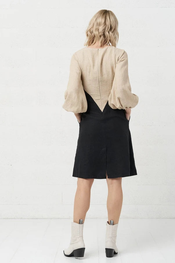 The Malvina Colourblock Linen Dress – Black & Sand
