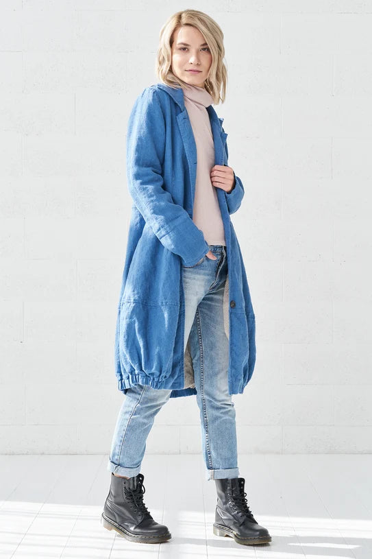 The Elara Linen Cocoon Coat – Blue
