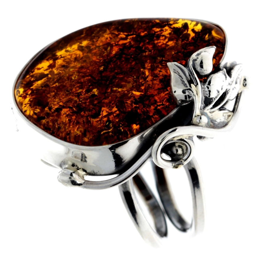 Cognac Baltic Amber & Sterling Silver Botanical Statement Ring
