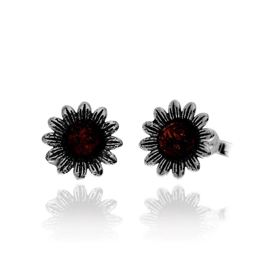 Cognac Baltic Amber & Sterling Silver Sunflower Stud Earrings