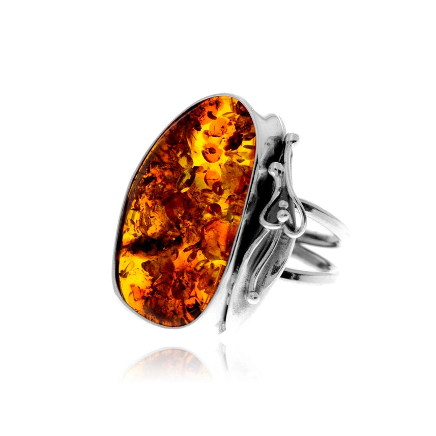 Cognac Baltic Amber & Sterling Silver Oval Statement Ring