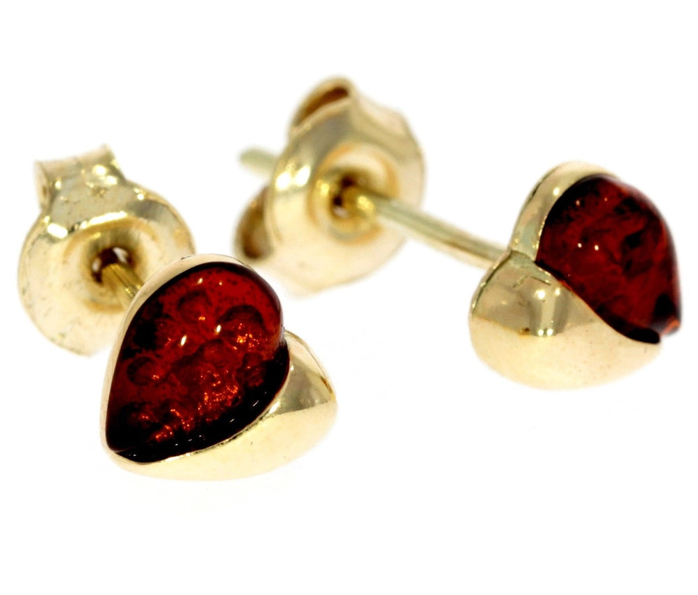 Cognac Baltic Amber & 9ct Gold Heart Stud Earrings
