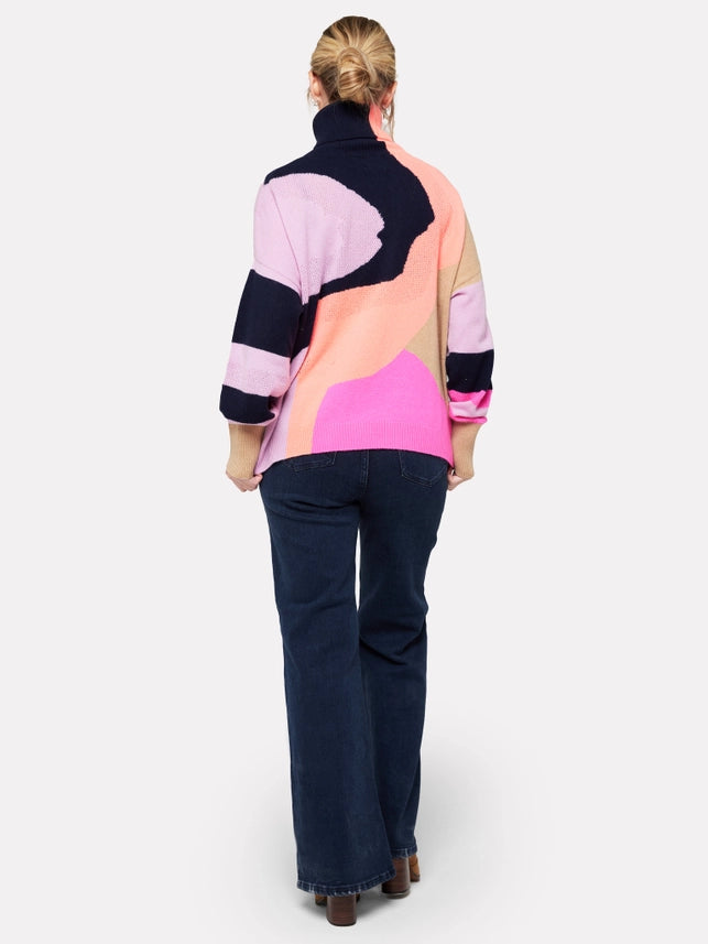The Abstract Cashmere Roll Neck Jumper – Pink Multi