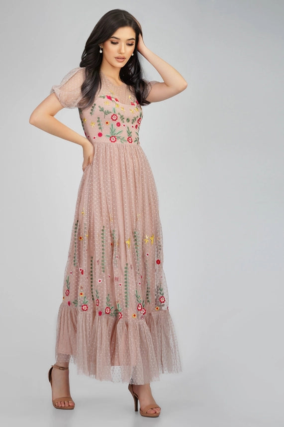 Azalea Floral Embroidered Midaxi Dress – Dusty Pink
