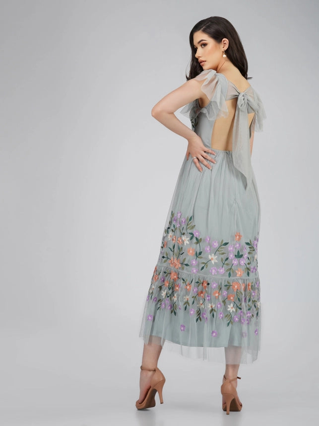 Iris Floral Embroidered Midaxi Dress – Dusty Blue