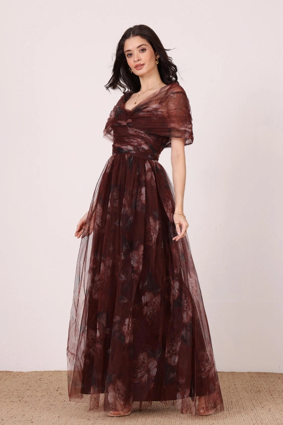 Gillian Floral Tulle Maxi Dress – Mocha Plum