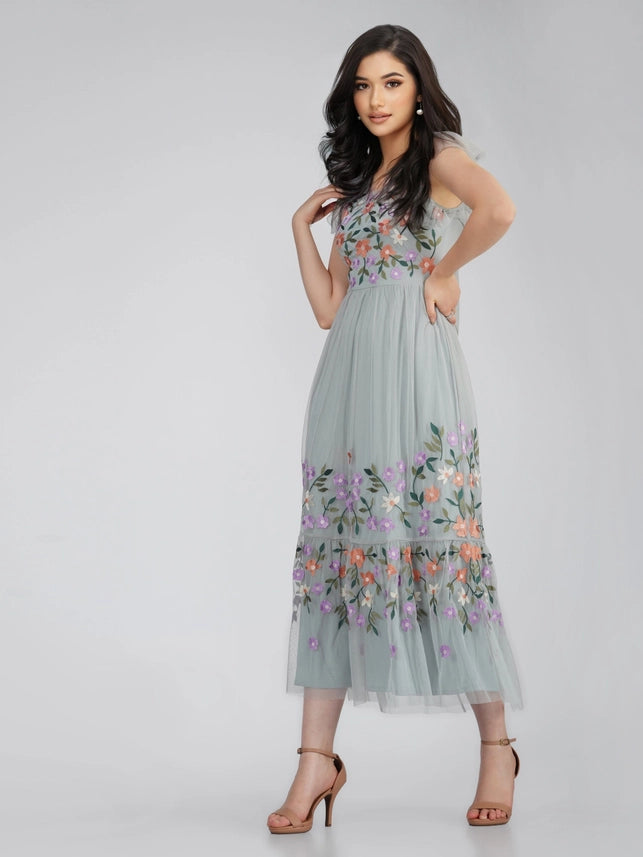 Iris Floral Embroidered Midaxi Dress – Dusty Blue